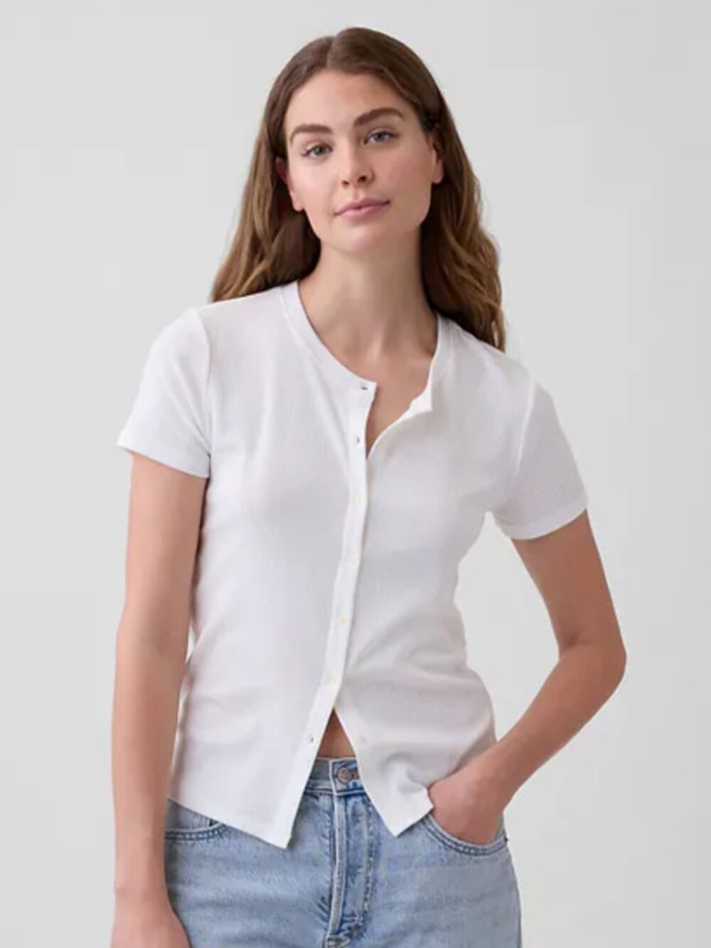 NWT Gap Women's Ribbed Button-Up Short Sleeve Top T-shirt; White; Size: M